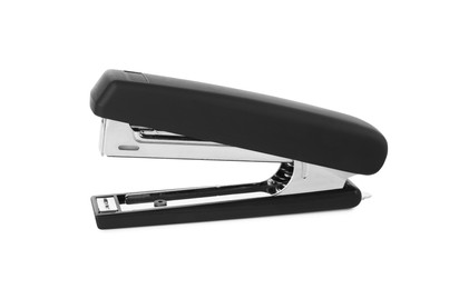 Photo of One new black stapler isolated on white