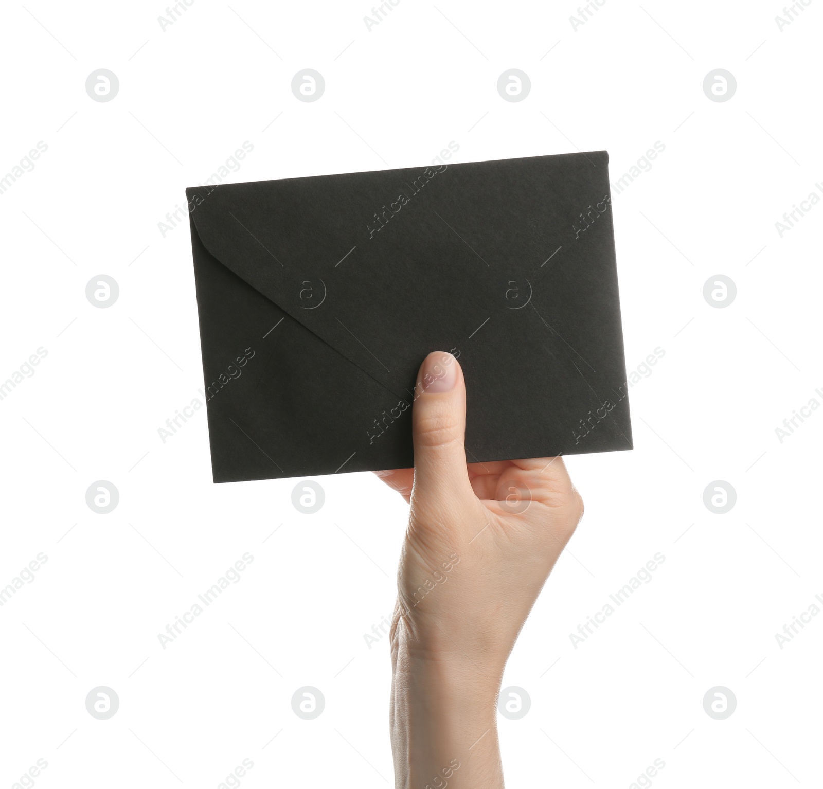 Photo of Woman holding black paper envelope on white background, closeup