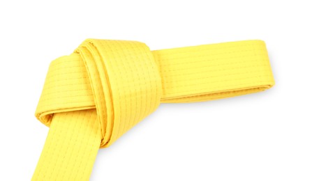 Yellow karate belt isolated on white. Martial arts uniform