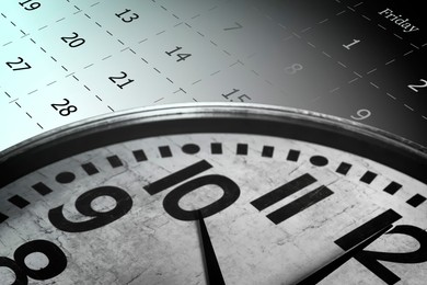 Image of Deadline concept. Clock and calendar, collage design