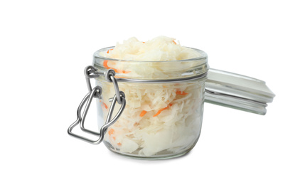 Glass jar of tasty fermented cabbage isolated on white