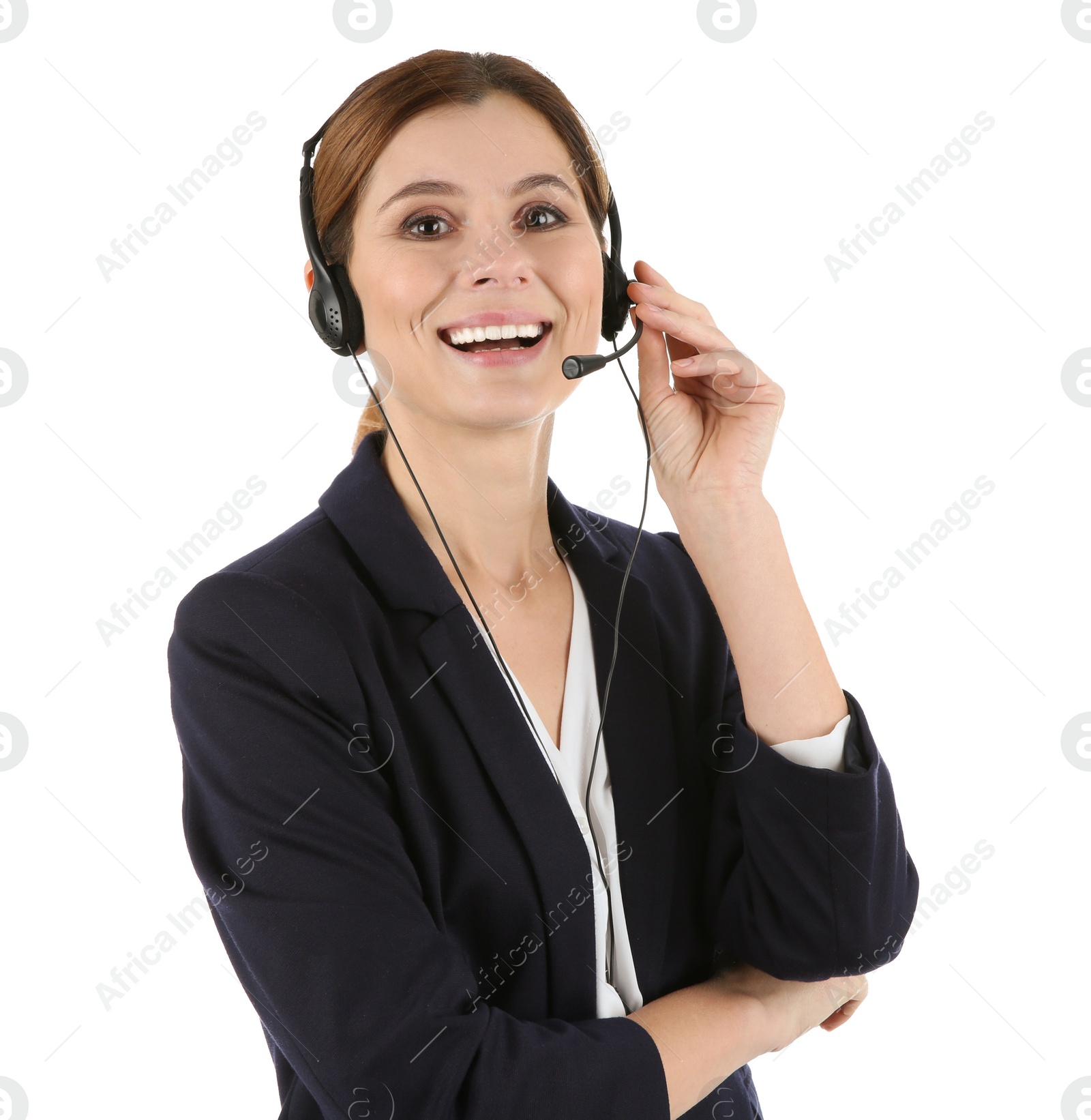 Photo of Female technical support operator with headset isolated on white