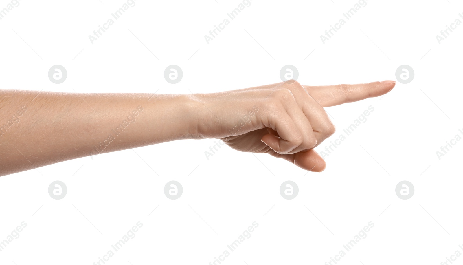 Photo of Woman pointing with index finger on white background, closeup