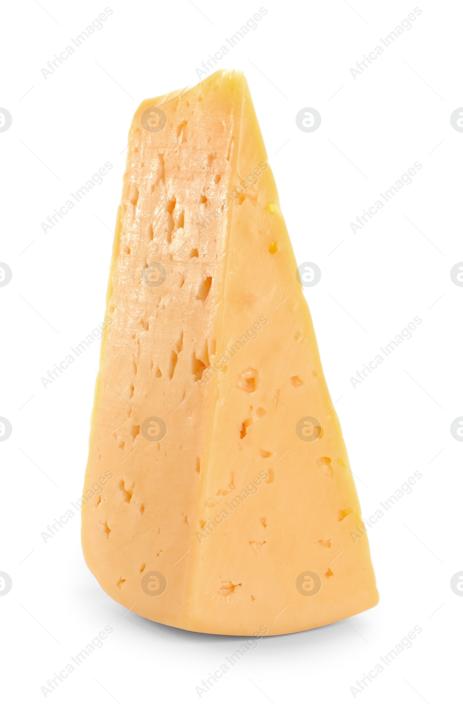 Photo of Piece of delicious cheese on white background