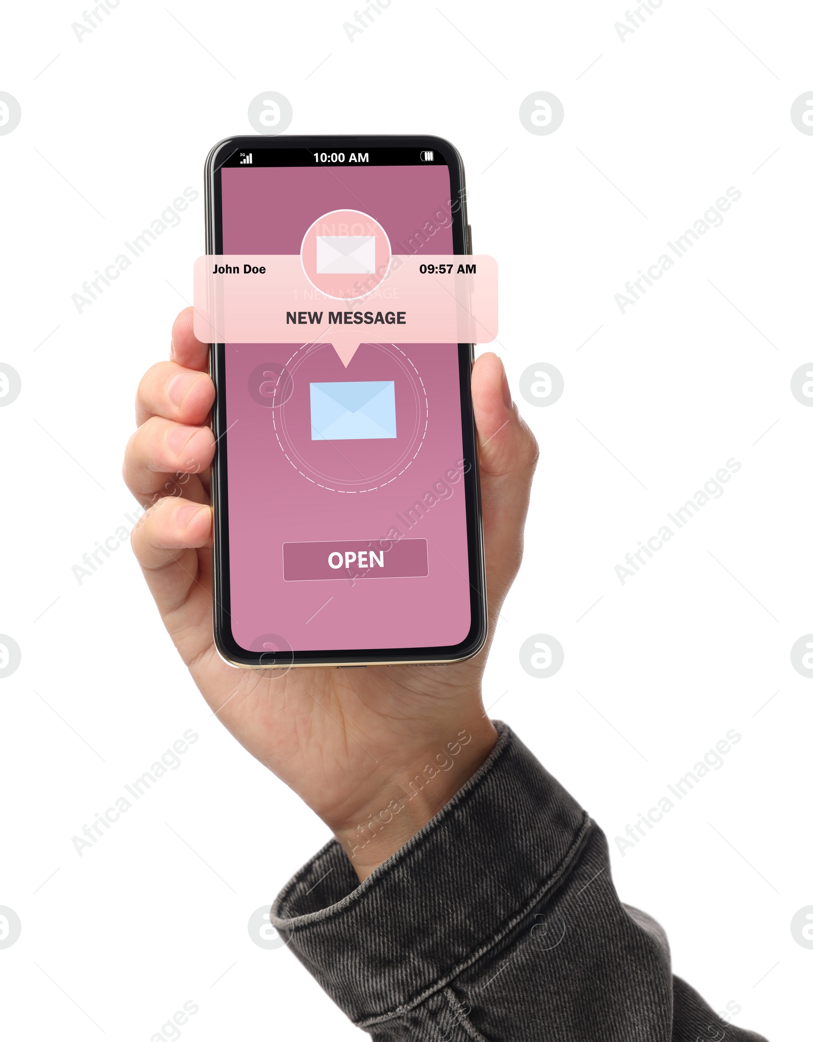 Image of Got new message. Man holding smartphone on white background, closeup