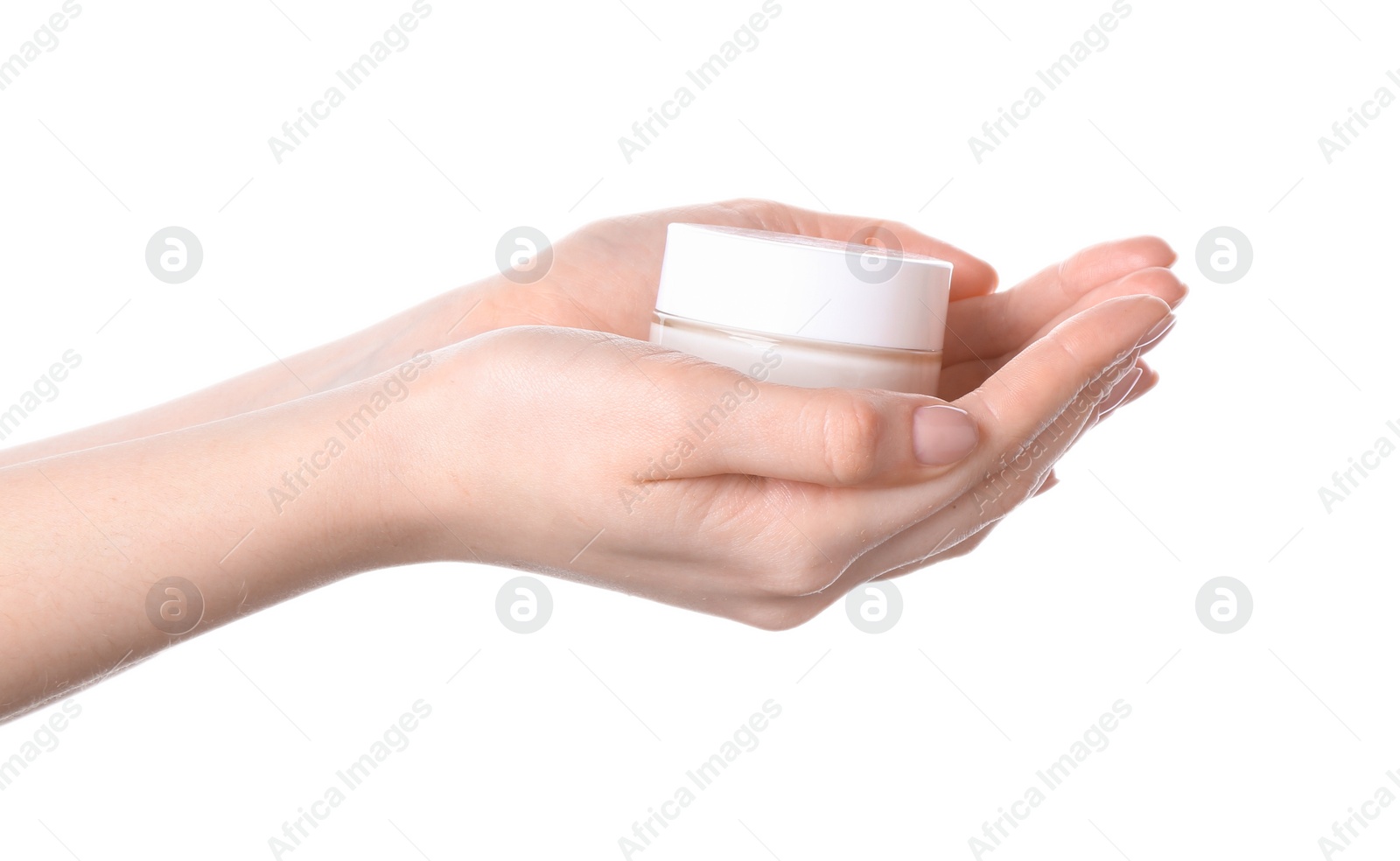 Photo of Woman with jar of cream isolated on white, closeup