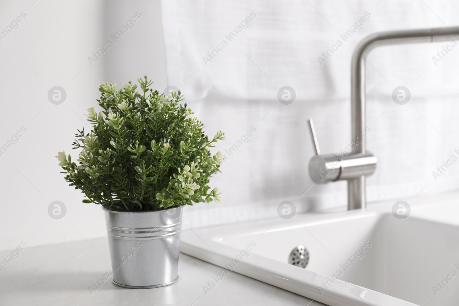 Photo of Artificial potted herb on white marble countertop near sink in kitchen, space for text. Home decor