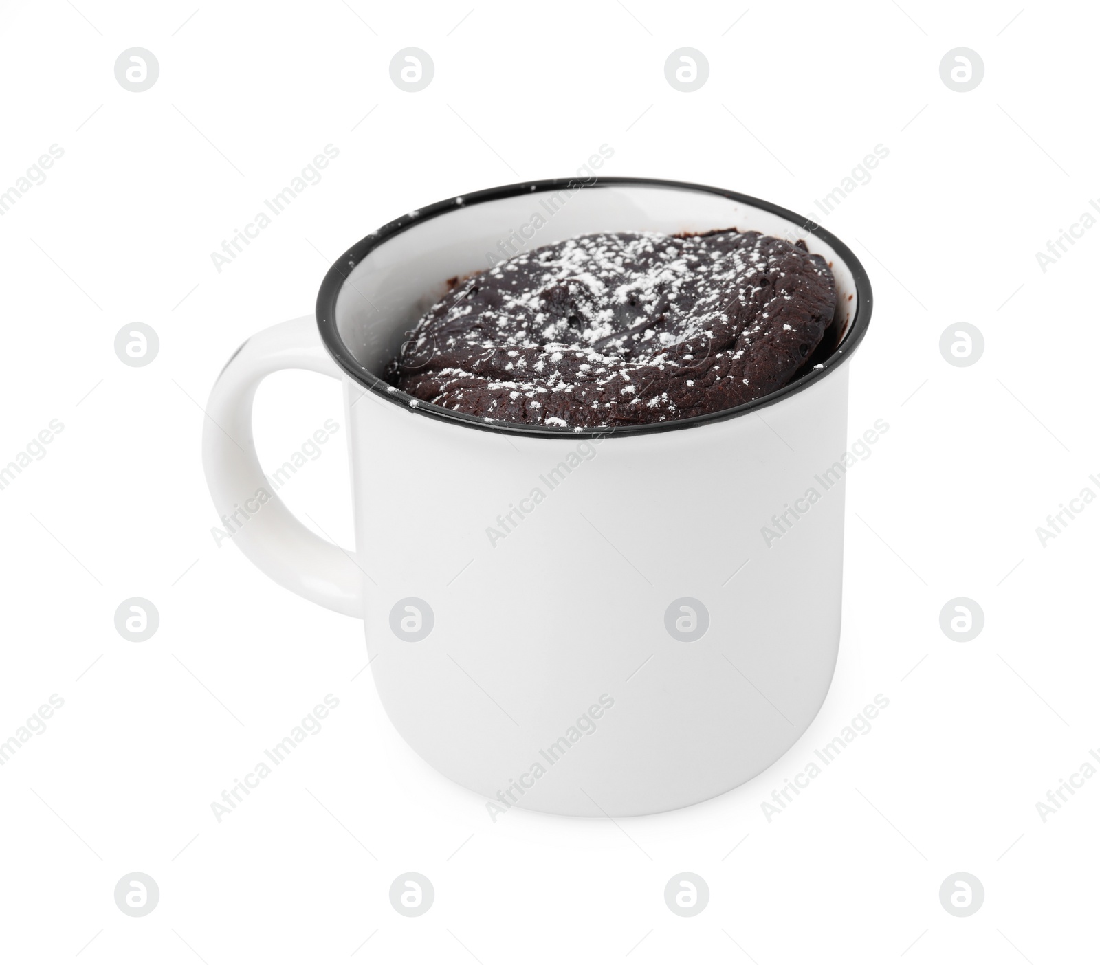 Photo of Tasty chocolate mug pie isolated on white. Microwave cake recipe