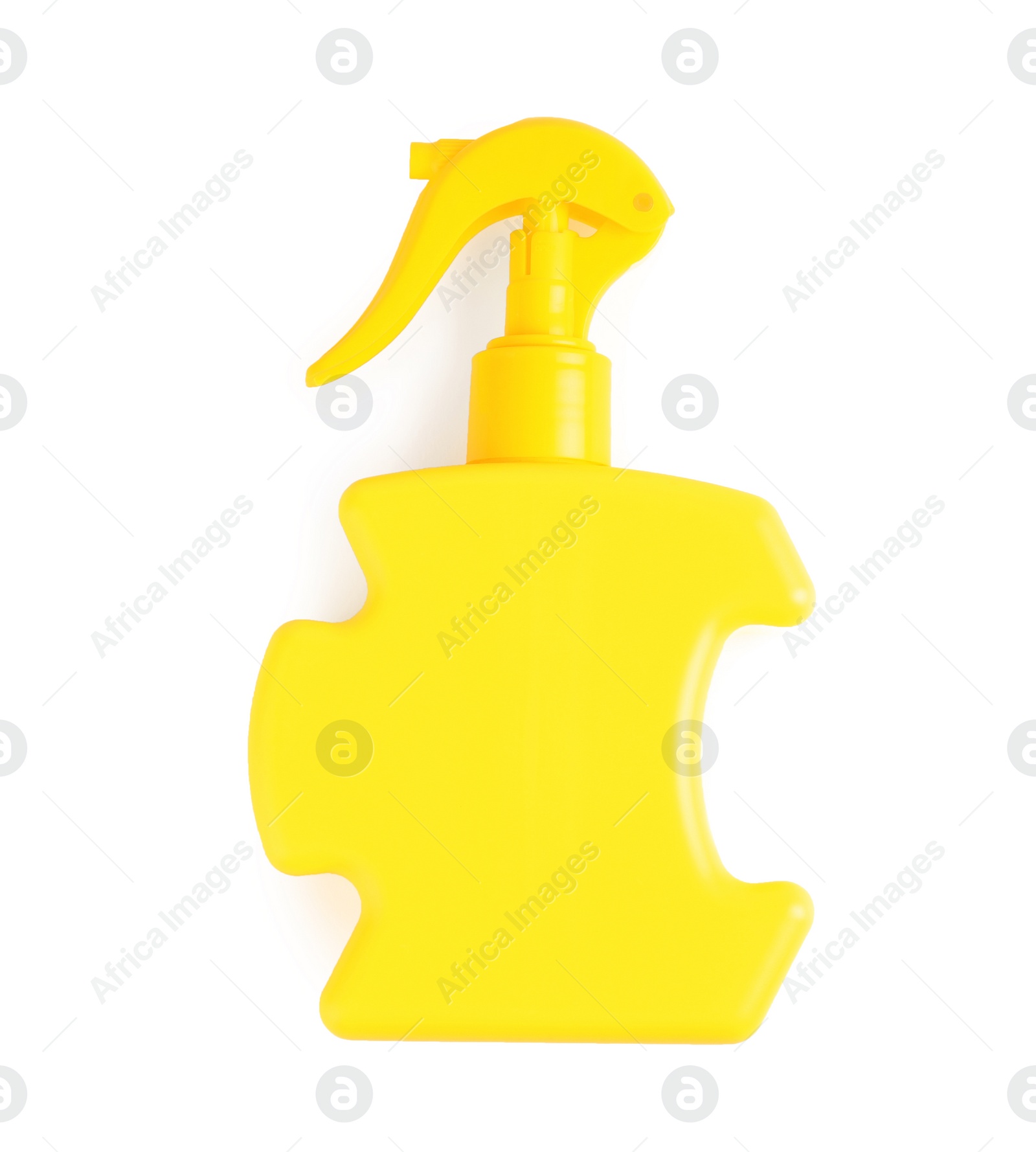 Photo of Bottle with sun protection body cream on white background