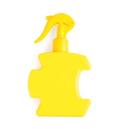 Photo of Bottle with sun protection body cream on white background