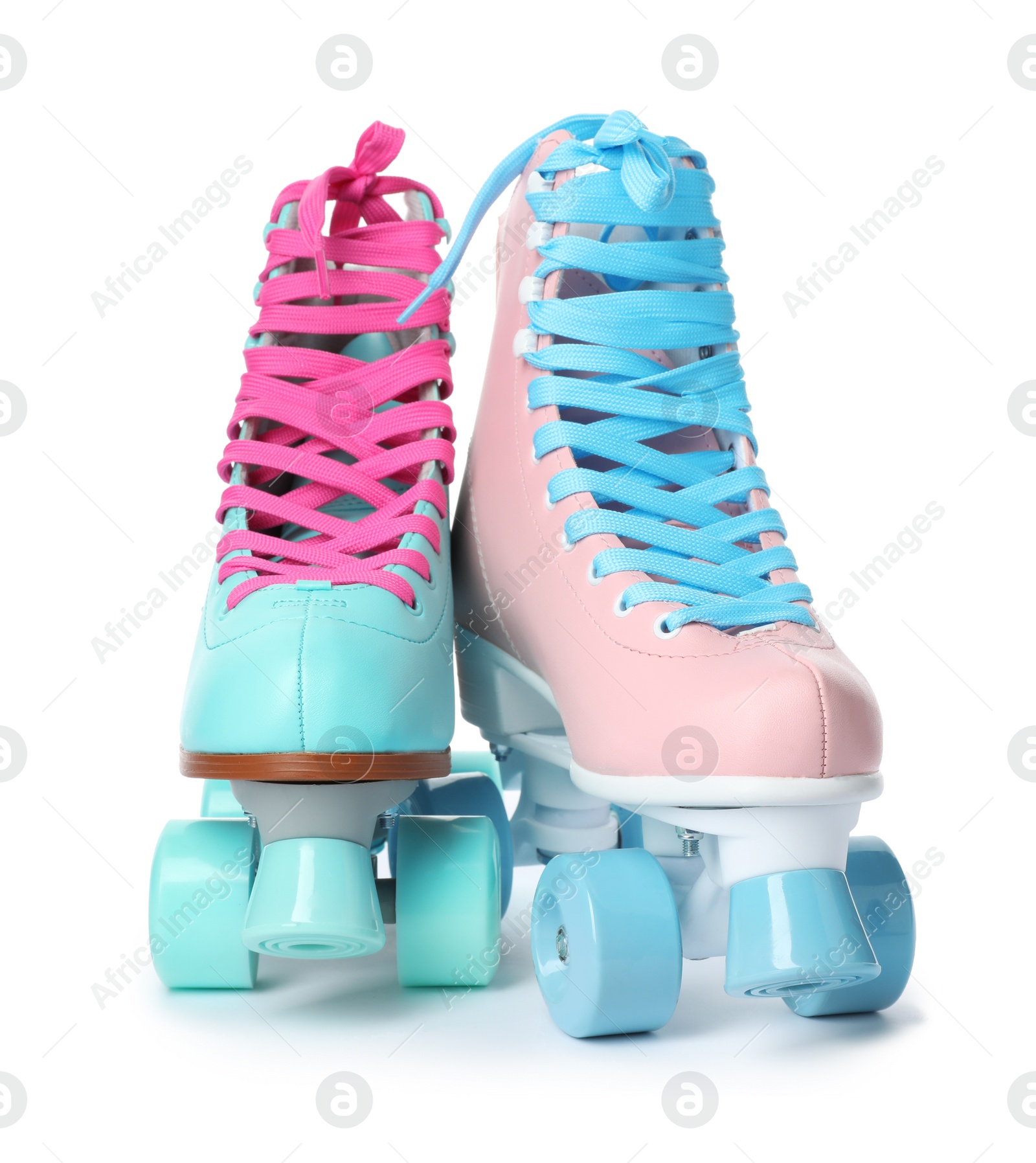 Photo of Bright stylish roller skates on white background