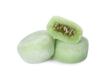 Photo of Delicious mochi on white background. Traditional Japanese dessert