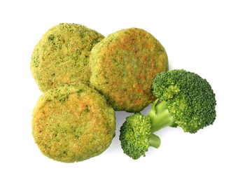 Photo of Green tasty vegan cutlets with broccoli isolated on white, top view