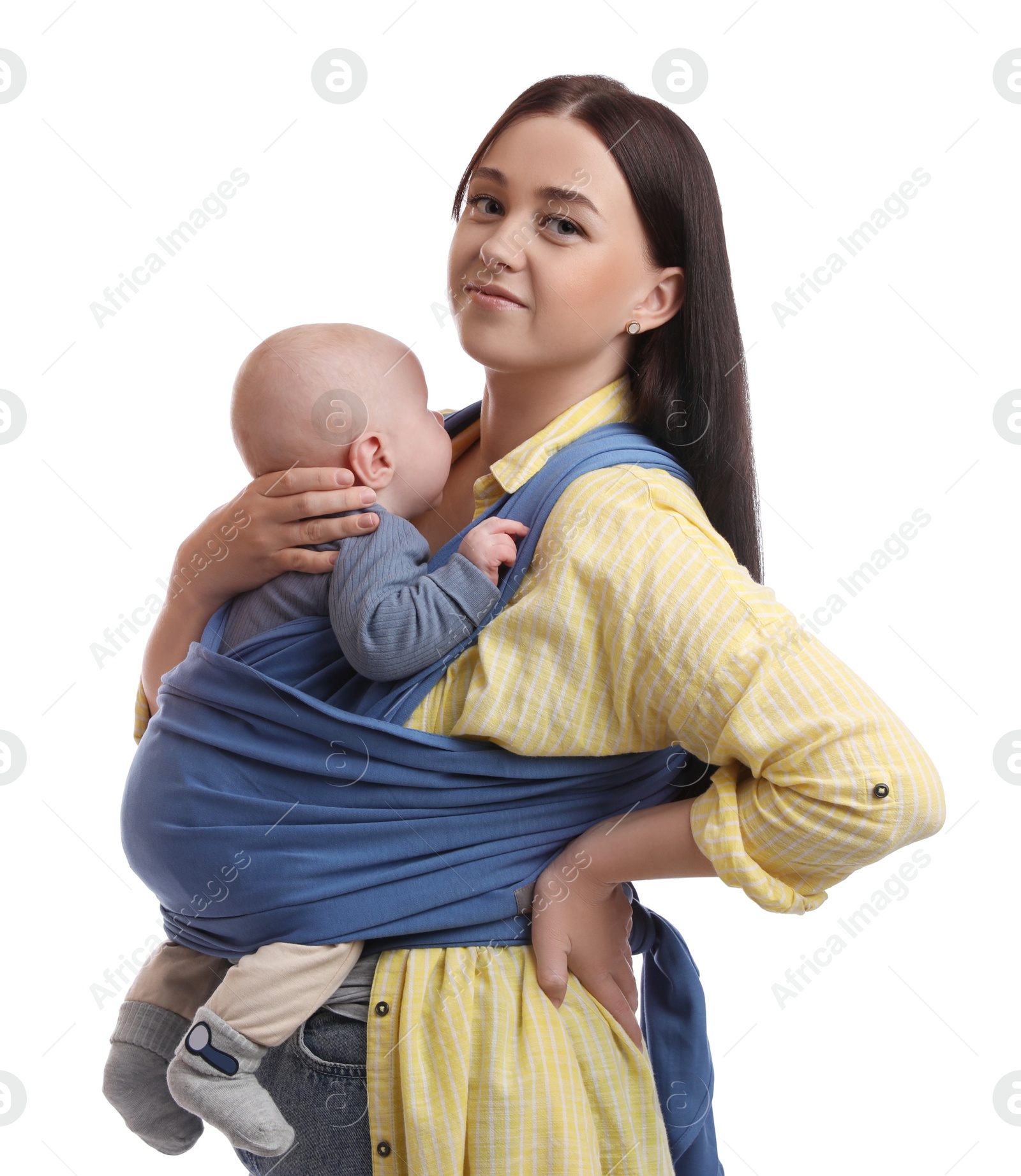 Photo of Mother holding her child in sling (baby carrier) on white background