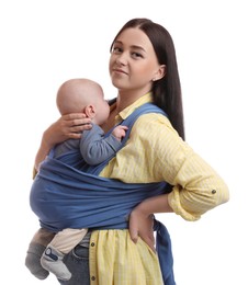 Photo of Mother holding her child in sling (baby carrier) on white background