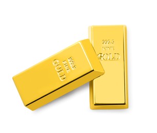 Photo of Shiny gold bars isolated on white, top view