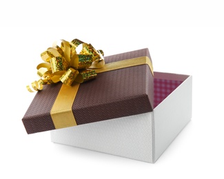 Photo of Beautiful gift box with bow on white background