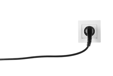 Power socket and plug on white background. Electrician's equipment