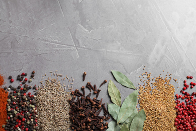 Different spices on grey background, top view. Space for text