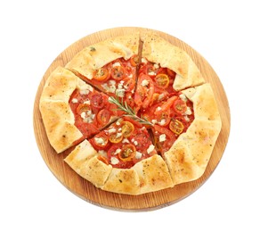Tasty galette with tomato, rosemary and cheese (Caprese galette) isolated on white, top view