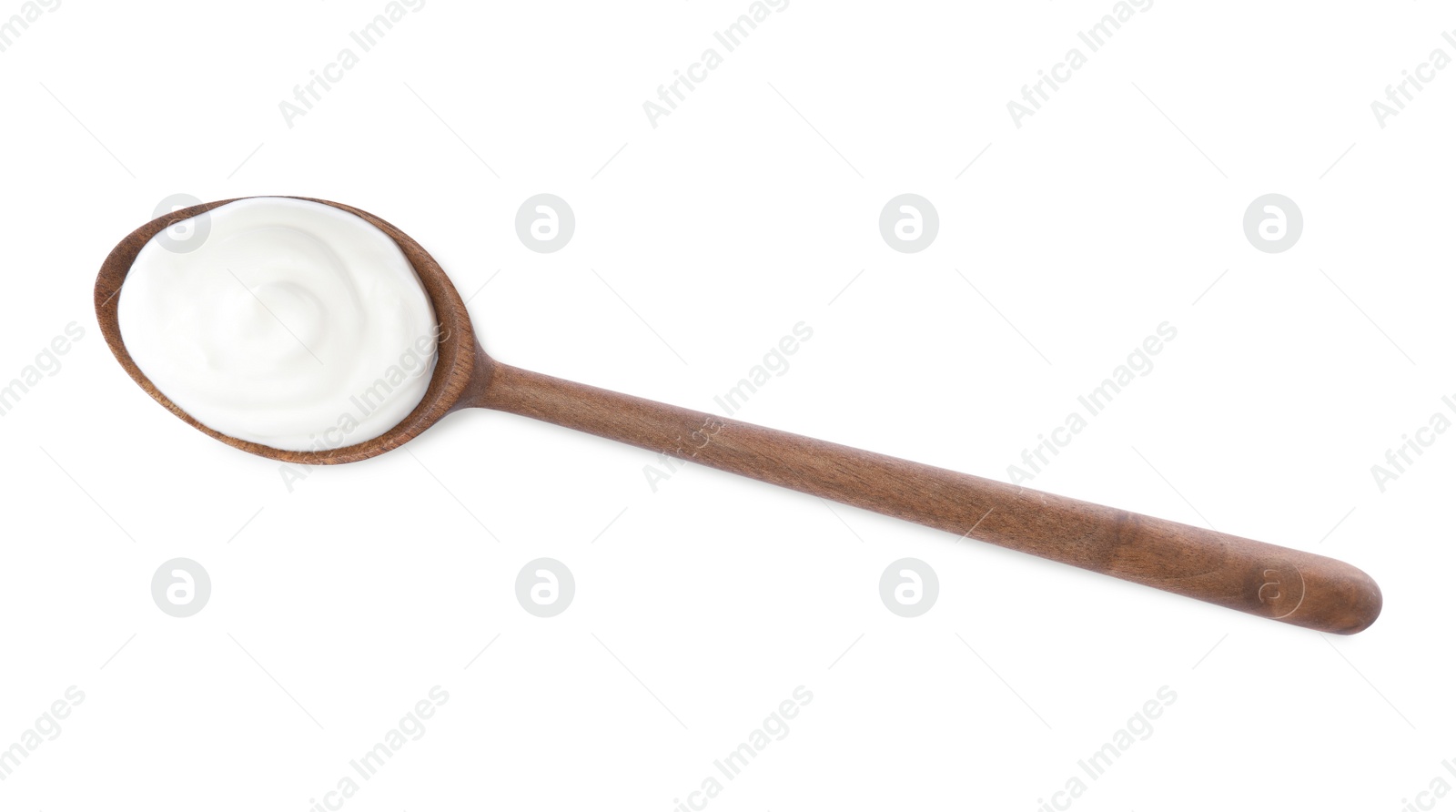 Photo of Delicious sour cream in wooden spoon on white background, top view