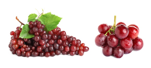 Image of Two fresh grape clusters on white background. Banner design