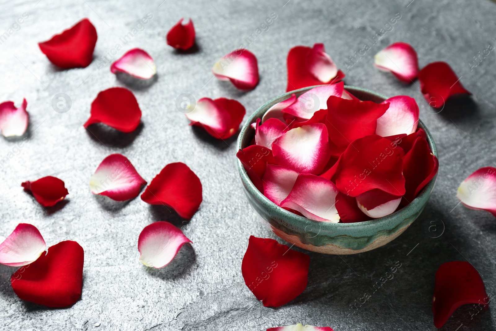 Photo of Bowl with rose petals on grey background. Space for text