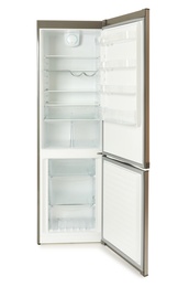 Modern refrigerator with open door on white background