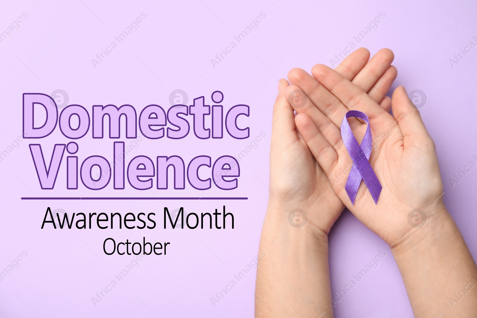 Image of Woman holding purple ribbon on lilac background, top view. Symbol of Domestic Violence Awareness