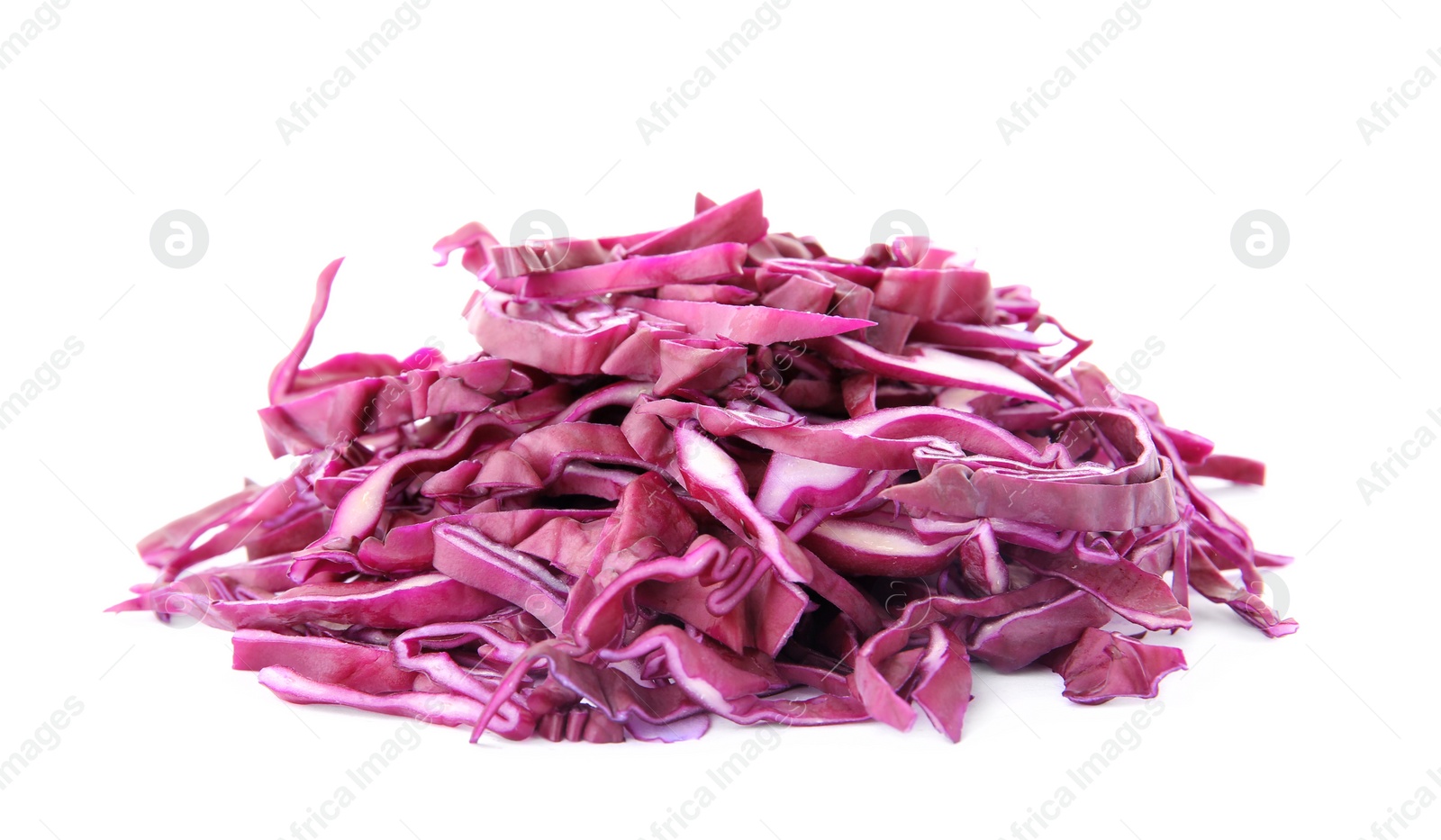 Photo of Pile of chopped red cabbage on white background