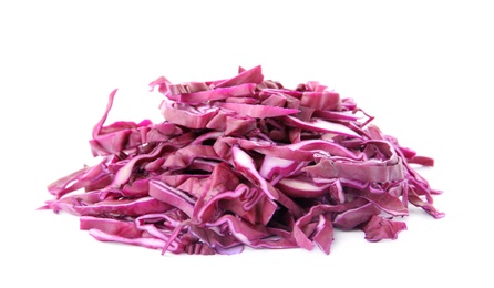 Photo of Pile of chopped red cabbage on white background
