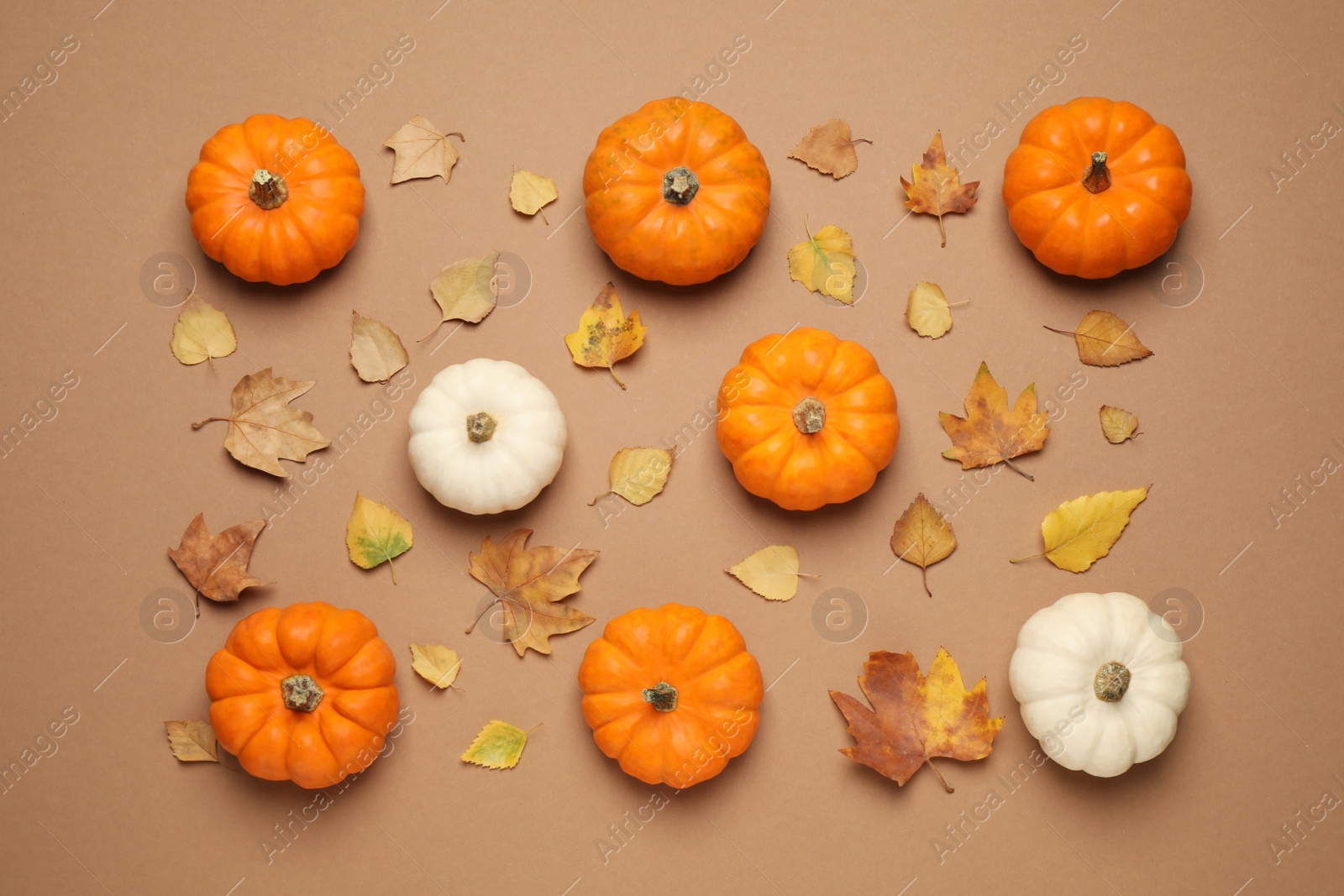 Photo of Different ripe pumpkins and autumn leaves on brown background, flat lay