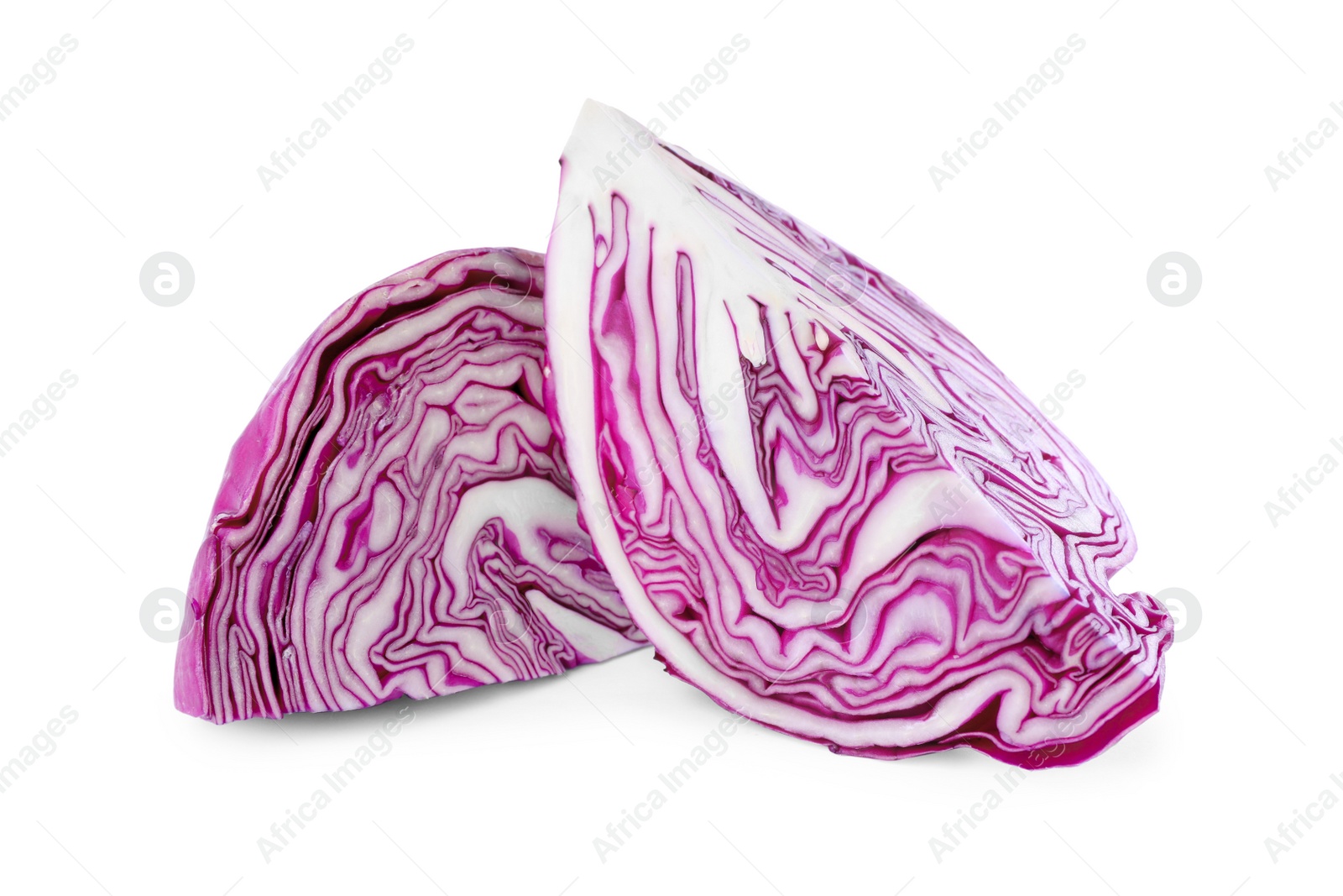 Photo of Pieces of tasty fresh red cabbages on white background