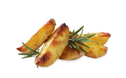 Tasty baked potato and aromatic rosemary on white background