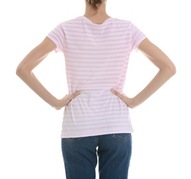 Photo of Young slim woman on white background, closeup. Weight loss