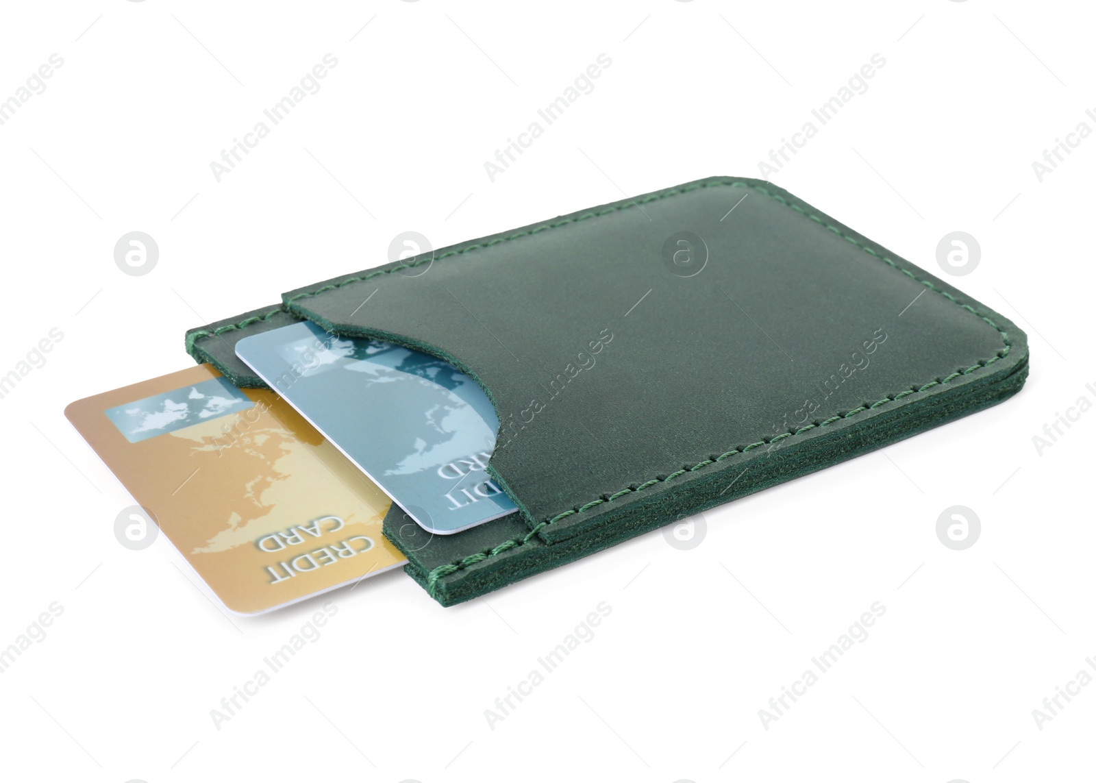 Photo of Leather card holder with plastic credit cards isolated on white