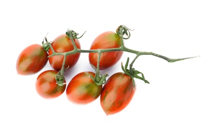 Photo of Branch of red grape tomatoes on white background, top view