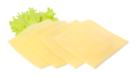 Photo of Slices of fresh cheese and lettuce isolated on white