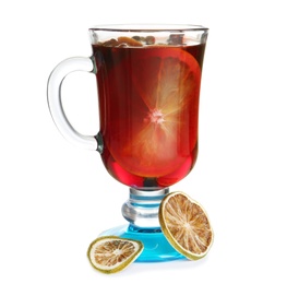 Photo of Glass with red mulled wine on white background