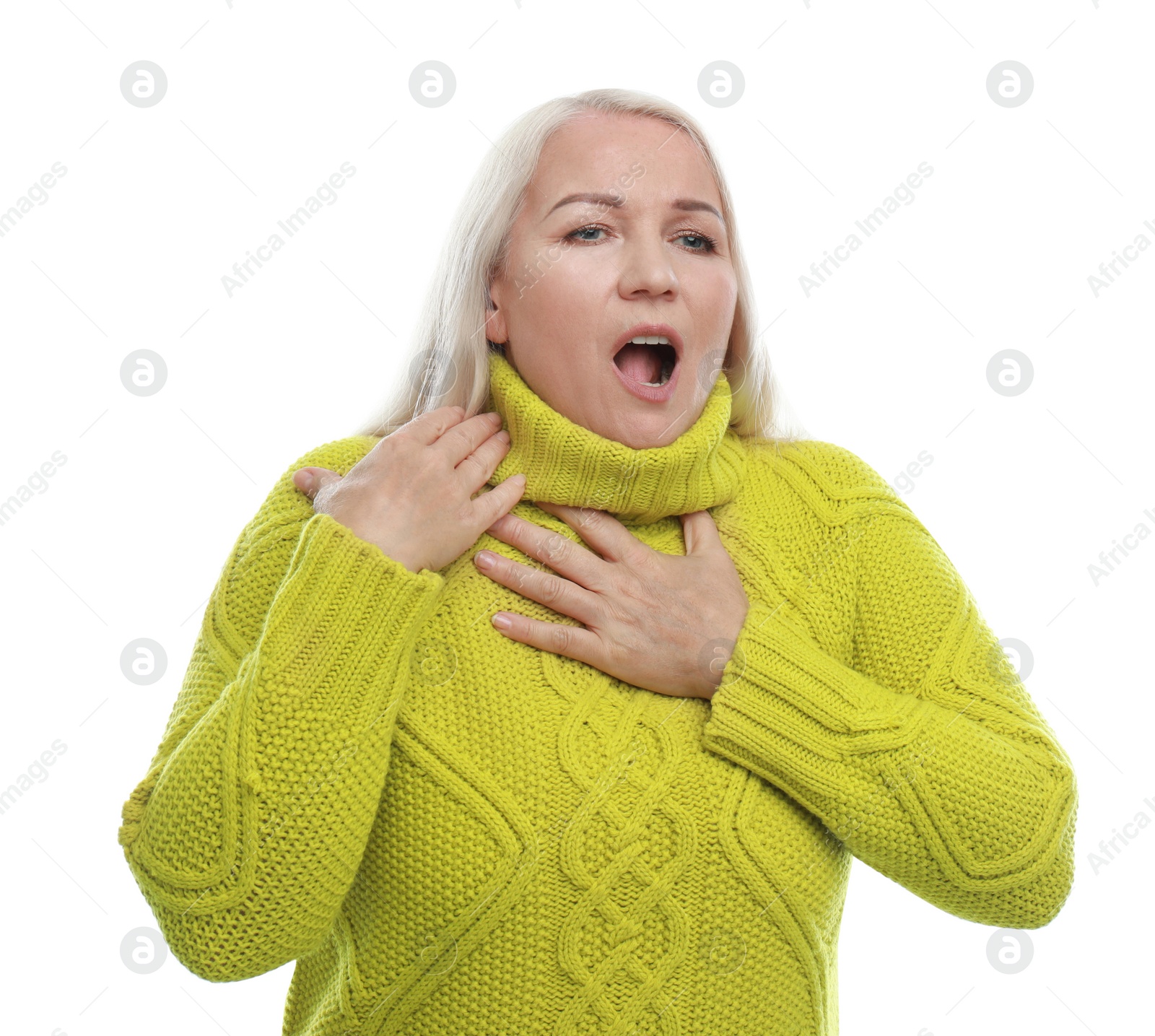 Photo of Mature woman suffering from cold on white background