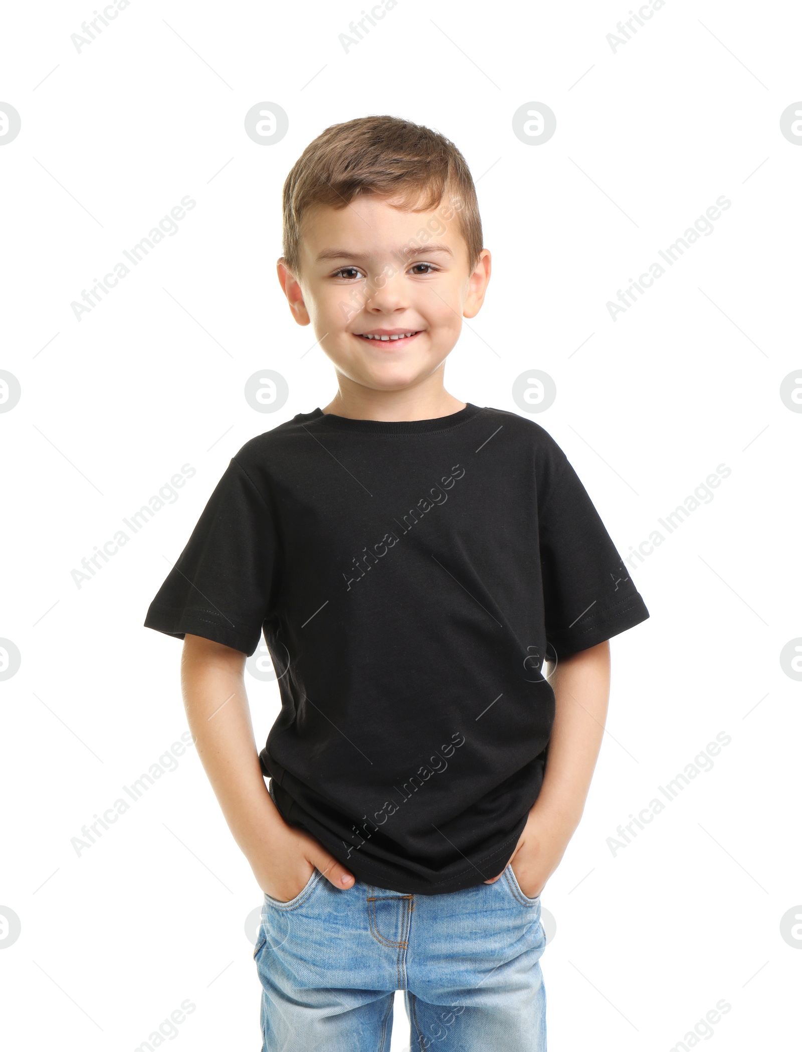 Photo of Little boy in t-shirt on white background. Mockup for design