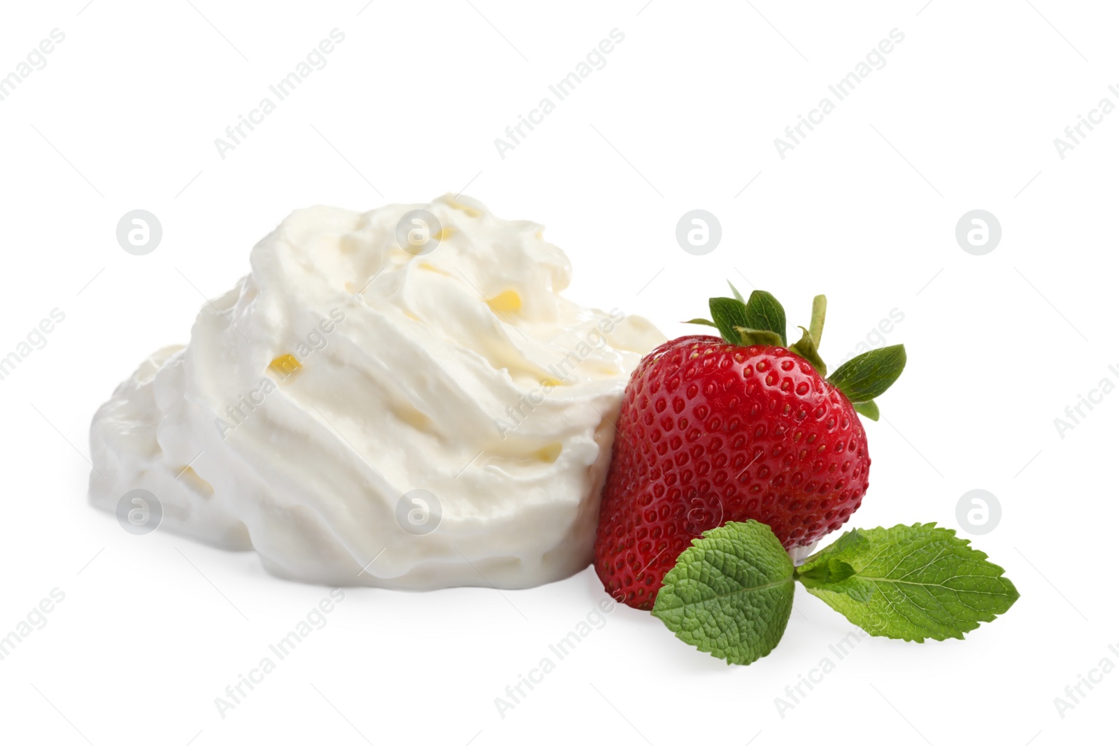 Photo of Delicious strawberry with whipped cream and mint on white background