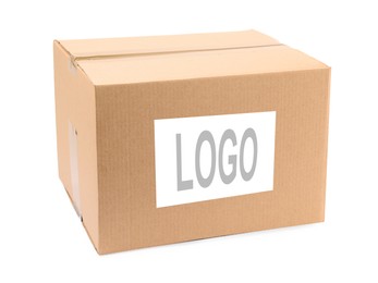 Closed cardboard box with logo on white background