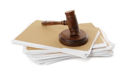 Photo of Yellow files with documents and wooden gavel on white background