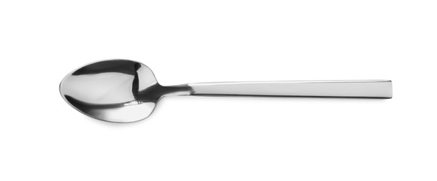 Photo of One new clean spoon isolated on white, top view