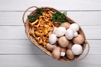 Photo of Basket with different mushrooms on white wooden table, top view