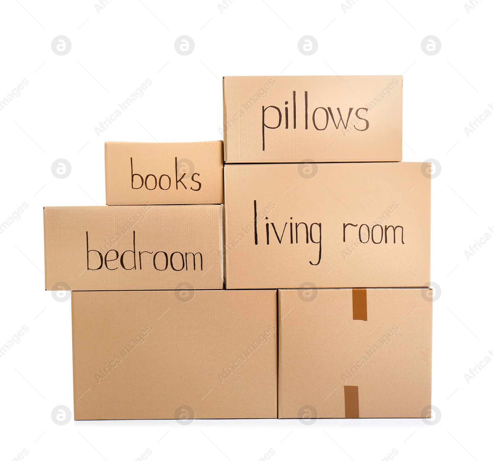 Photo of Cardboard boxes on white background. Moving day