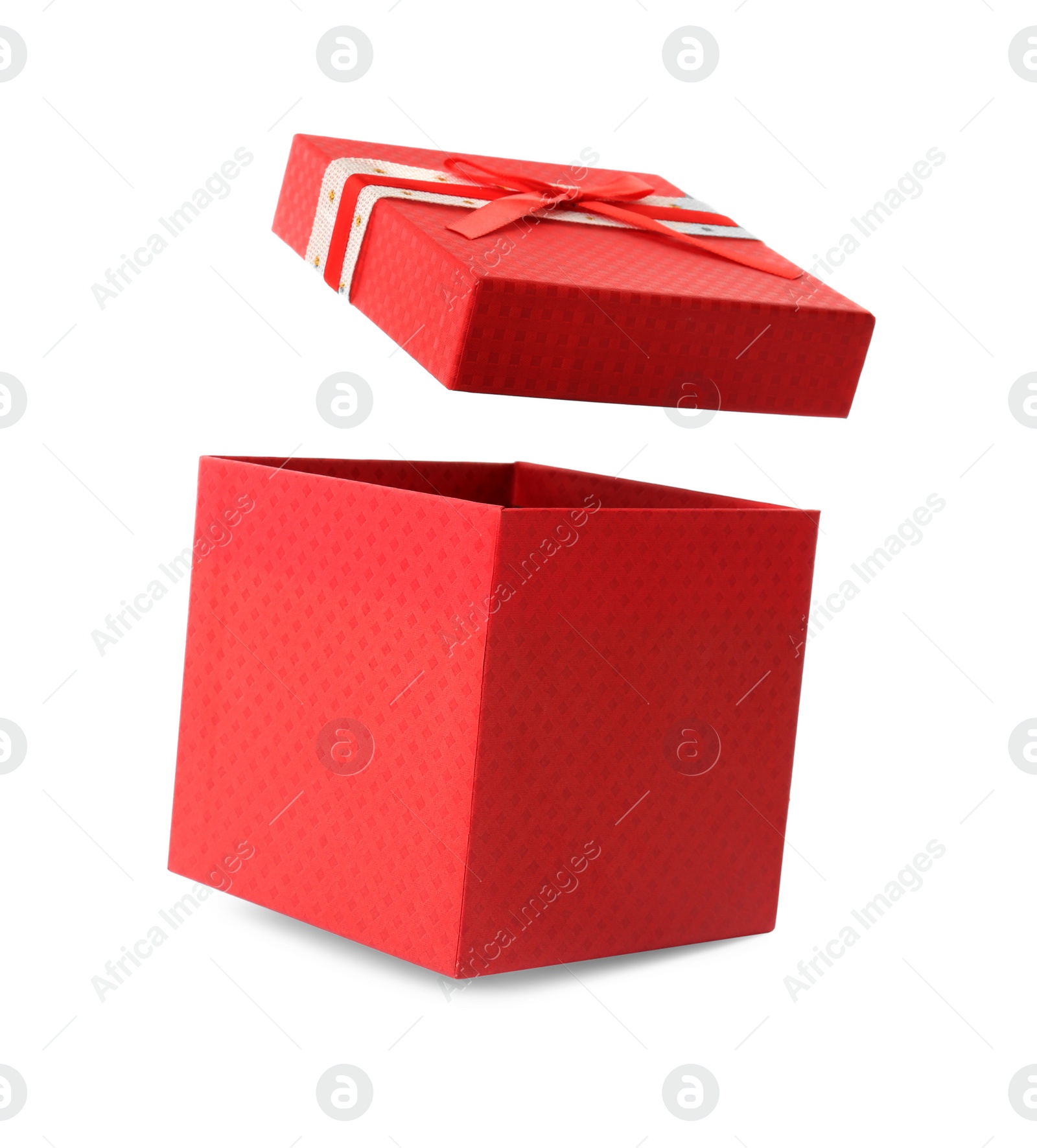 Photo of Beautiful red gift box with lid on white background