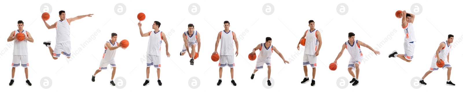 Image of Professional sportsman playing basketball on white background, collage. Banner design