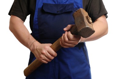 Man with sledgehammer on white background, closeup